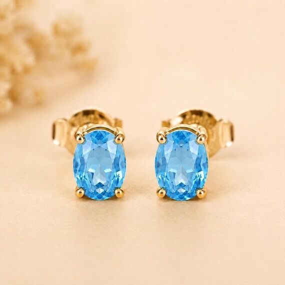 Natural Swiss Blue Topaz Stud 925 Sterling Si...