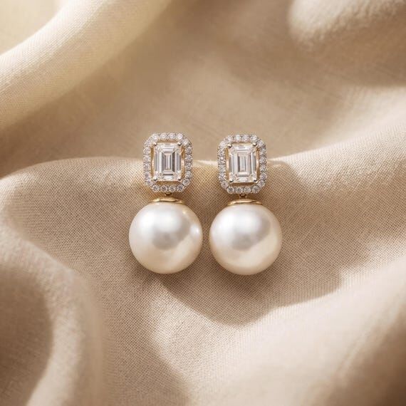 Moissanite & Pearl Stud Earring, 925 Silver M...