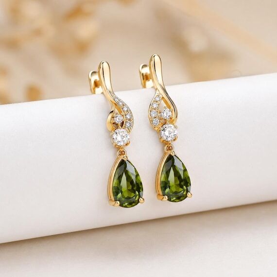 Natural Peridot & Moissanite Dangle Gold Plat...