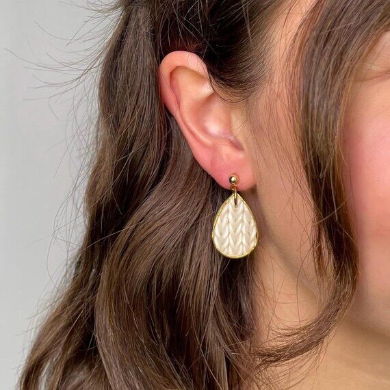 white drop earrings gold structure, handmade ...