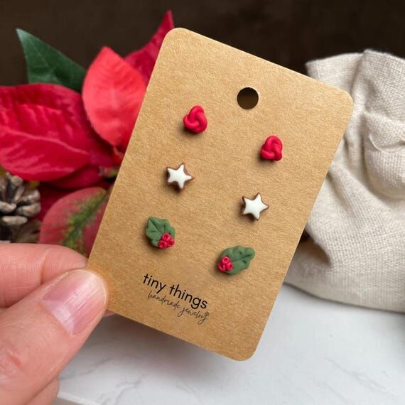 Winter stud earrings mini, set of 3, handmade...