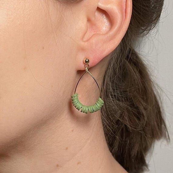Elegant earrings olive green 24k gold-plated,...