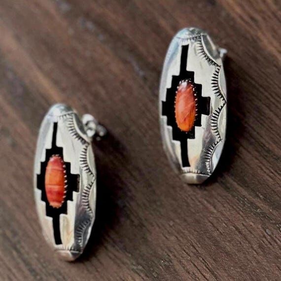 Orange silver concho earrings Native American...