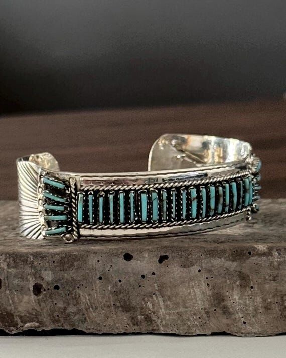 Turquoise Needlepoint bracelet silver stateme...