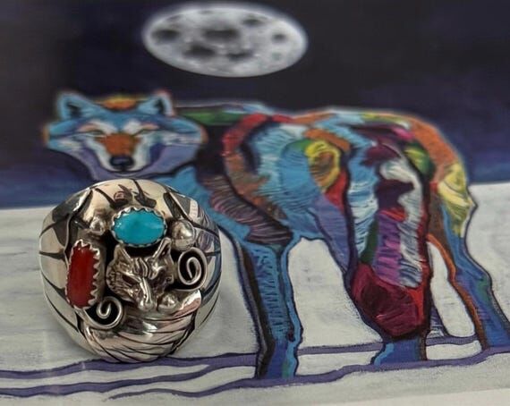 Wolves ring jewelry turquoise rings for men w...