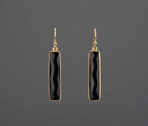 Black onyx Long bar earring,thin rectangle bl...