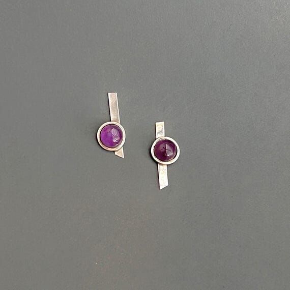 Sterling Silver Amethyst Studs: Handmade Geom...