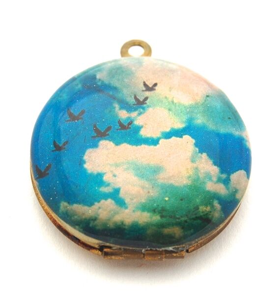 Vintage Locket Necklace Birds Flight in Sky C...