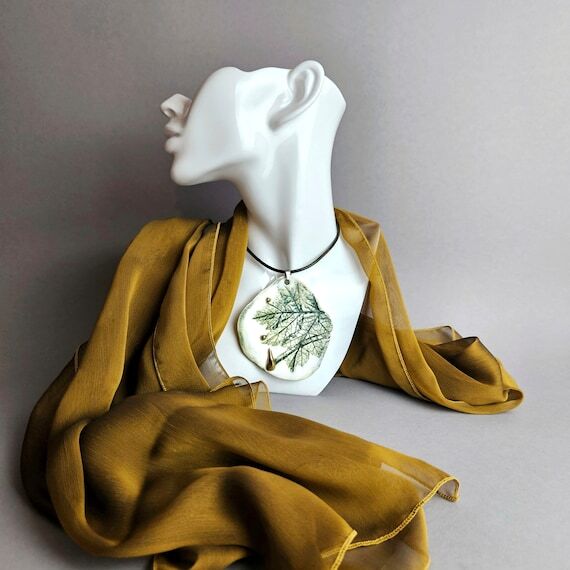 Golden Dewdrops On Leaf Pendant • Ceramic J...