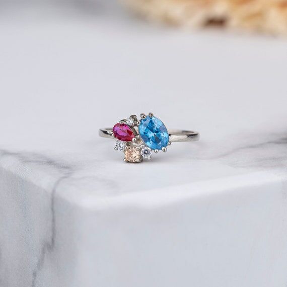 Pear & Oval Cut 3 Birthstones Ring, Personali...