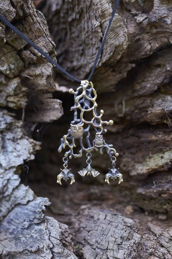Mystical Forest Pendant | Owl and Bat Charm N...