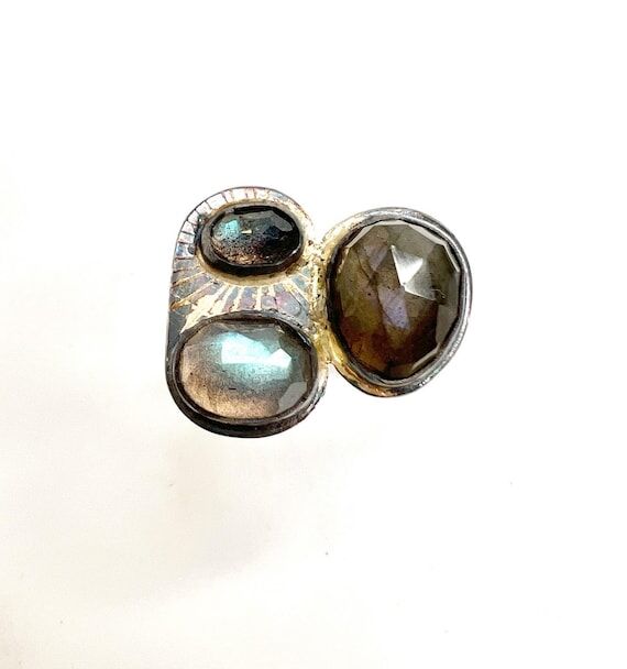 triple labradorite ring in sterling silver ha...