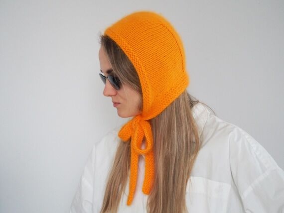 Angora Knit Bonnet in Orange: Handmade Women'...