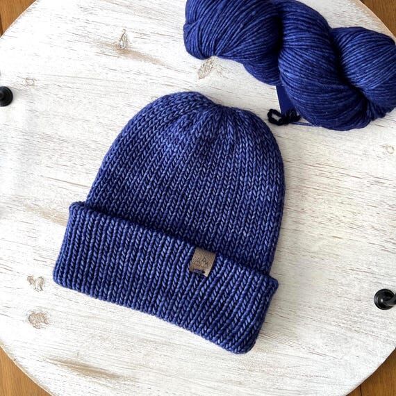 Blue Merino Wool Knitted Beanie - Double Laye...