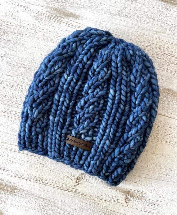 Blue Merino Wool Chunky Knit Beanie - Hand Kn...