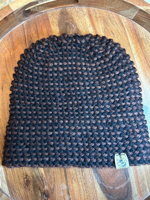 Hand Knit Merino Wool Beanie: Unisex Brown Te...