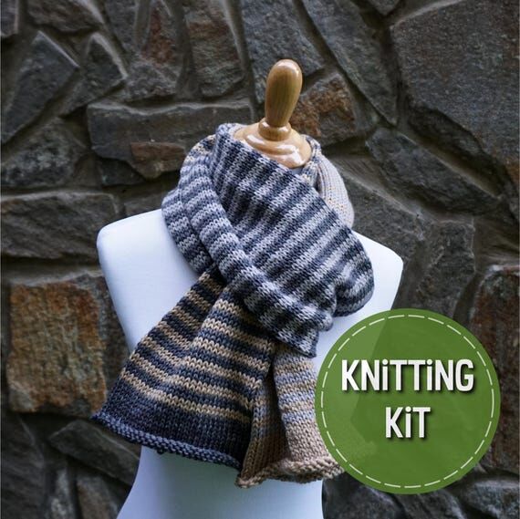 Striped scarf knitting kit, DIY scarf kit, pr...