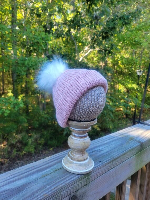 Handmade Knit Pale Pink Infant Hat Beanie Wit...