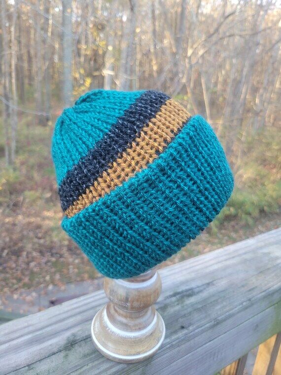 Handmade Knit Teal With Two Black And One Gol...