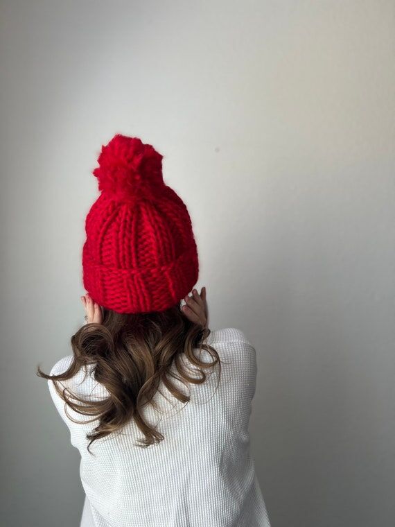 Handmade Chunky Wool Red Beanie, Oversized Kn...