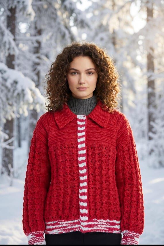 Custom Hand-Knit Red Cardigan | Cozy Cable Kn...
