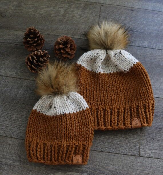 Mommy & Me Knit Beanie Set: Ivory Tweed, Faux...