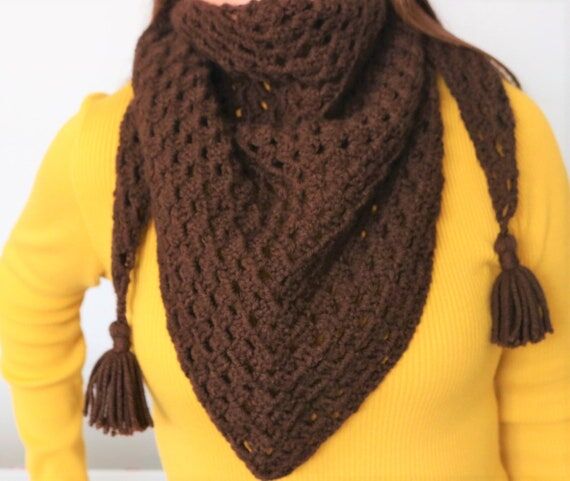 Handmade Crochet Triangular Scarf with Tassel...