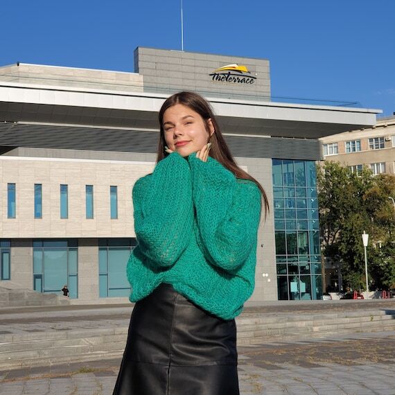 Emerald Green Mohair Cardigan Women jacket, s...