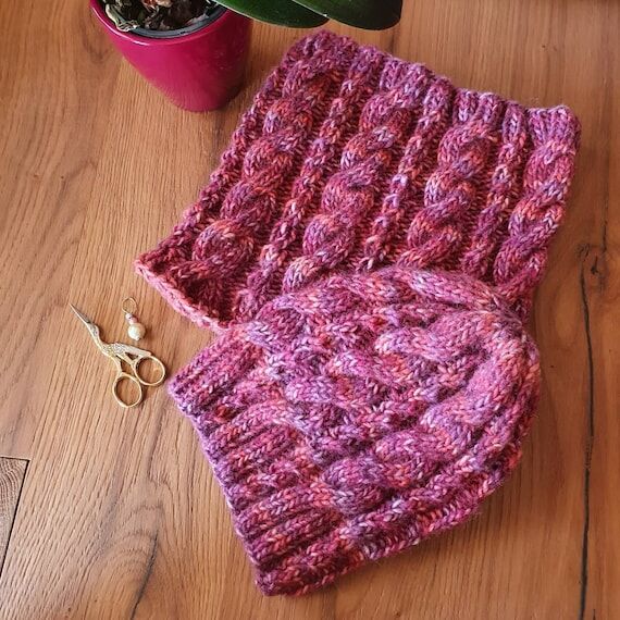 Hand-knit beanie and cowl set in warm wool an...