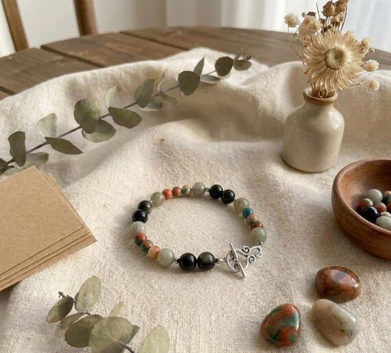 Natural Stone Beaded Bracelet with Ornate Tog...