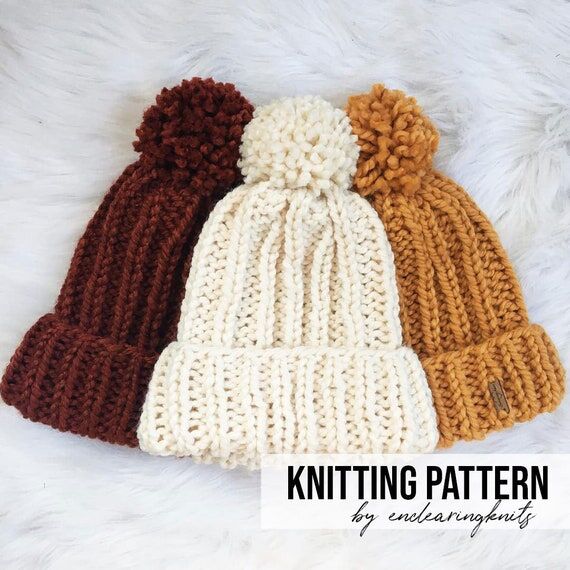 Hat Pattern Knitting - Chunky Rib Knit Pom-Po...