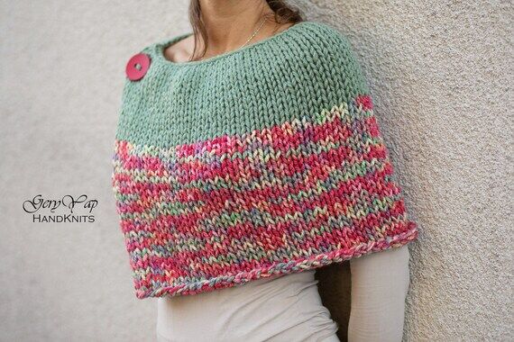 Hand Knit Wool Blend Poncho Shrug - Light Gre...
