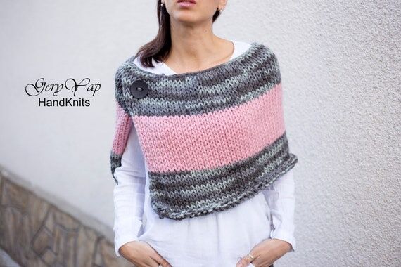 Hand Knit Chunky Poncho Cape - Pale Pink & Gr...
