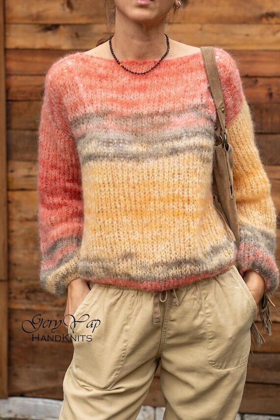 Hand knitted mohair sweater in coral yellow g...