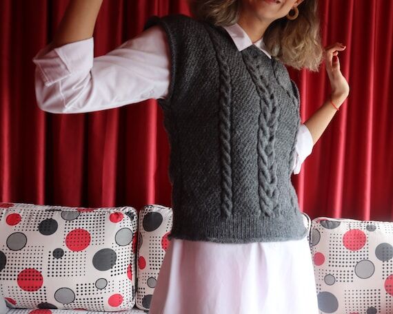 Hand Knit Wool Cable Knit Vest: Gray Sleevele...