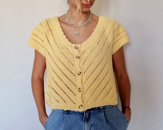 Hand Knit Yellow Crop Top: Summer Sleeveless ...