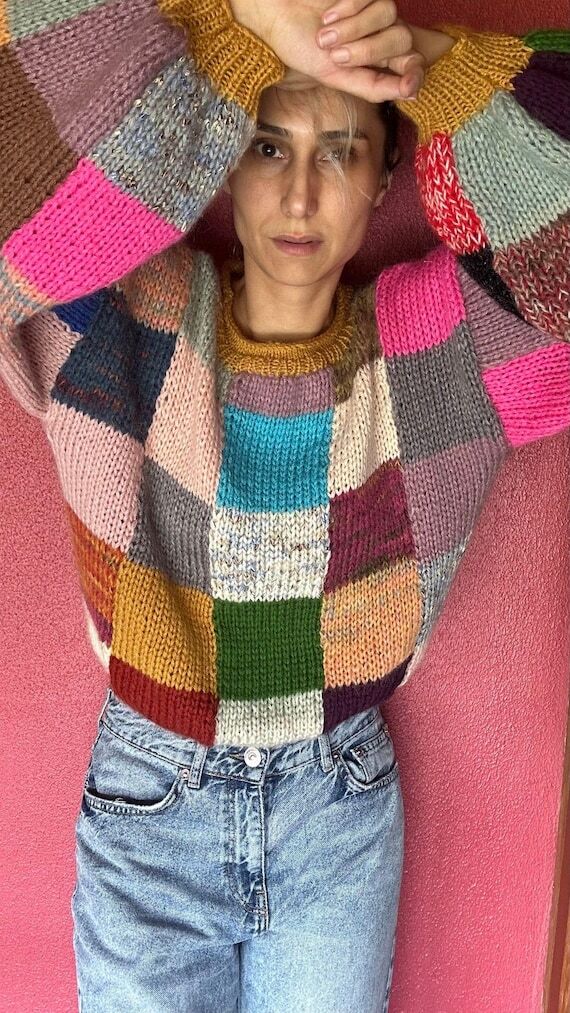 Hand Knit Patchwork Sweater: Mohair Checkered...