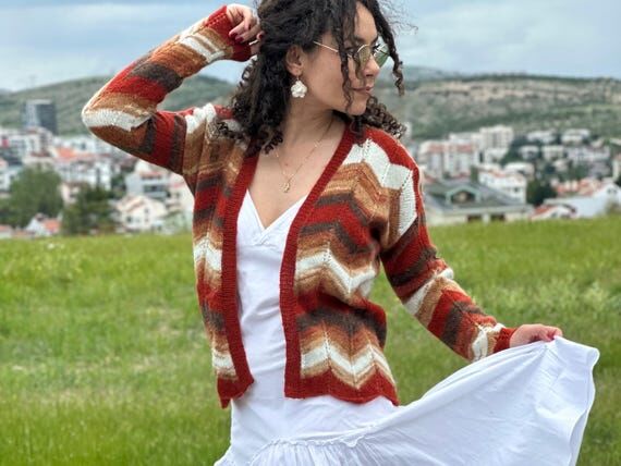 Hand Knit Vintage Cardigan: Striped Retro Kni...