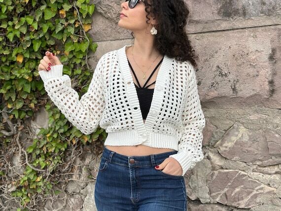 Handmade Cropped Cardigan: White Crochet Cove...
