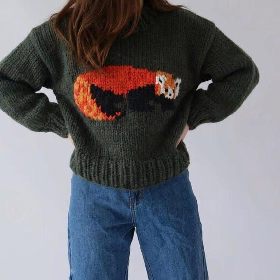 Hand-Knitted Wool Raccoon Small Panada Sweate...
