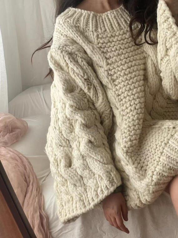 Chunky Cable Knit Merino Wool Sweater | Cream...