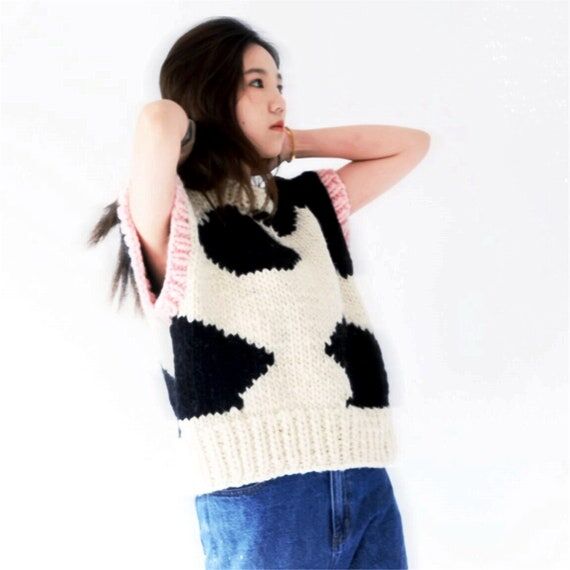 Hand-Woven Wool Vest, Cow Pattern, Matching P...