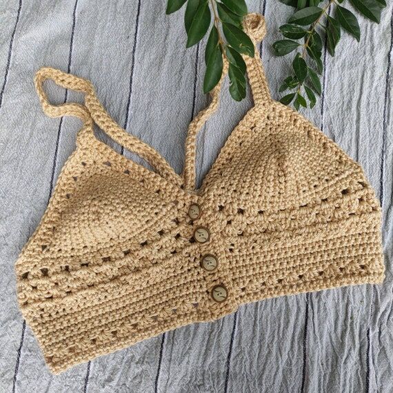 Hand crochet bralette top with vintage 80s bu...