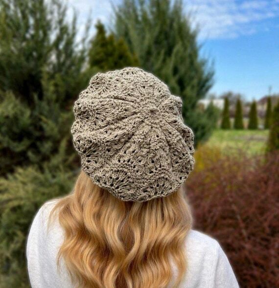 Hand Knit Lace Beret, Olive Cotton Beret, Lig...