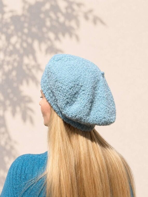 Alpaca Boucle Beret, Handmade Blue Beret, Sof...