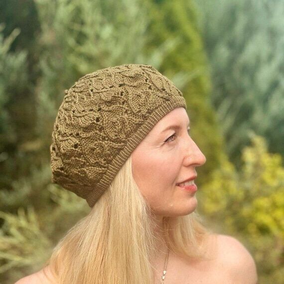 Green Khaki Lace Cotton Beanie, Knit Summer B...