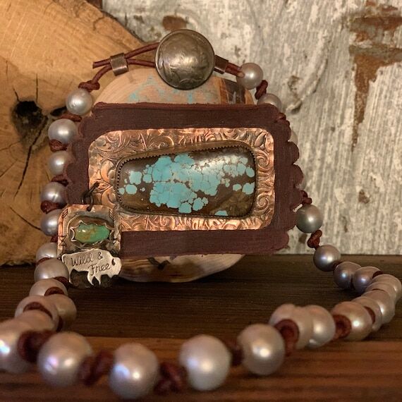Handmade Turquoise Copper Bison Phone Grip wi...