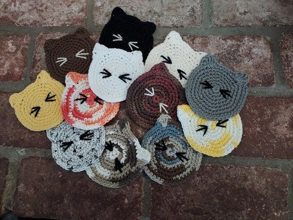 Crocheted Cat Face Coaster, Kitty Coaster...