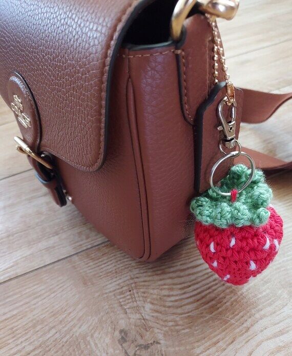 Crocheted Strawberry Keychain, Purse Charm...