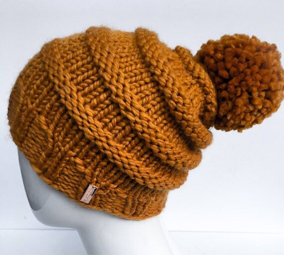 Hand Knit Slouchy Pom Pom Hat: Mustard Lambsw...